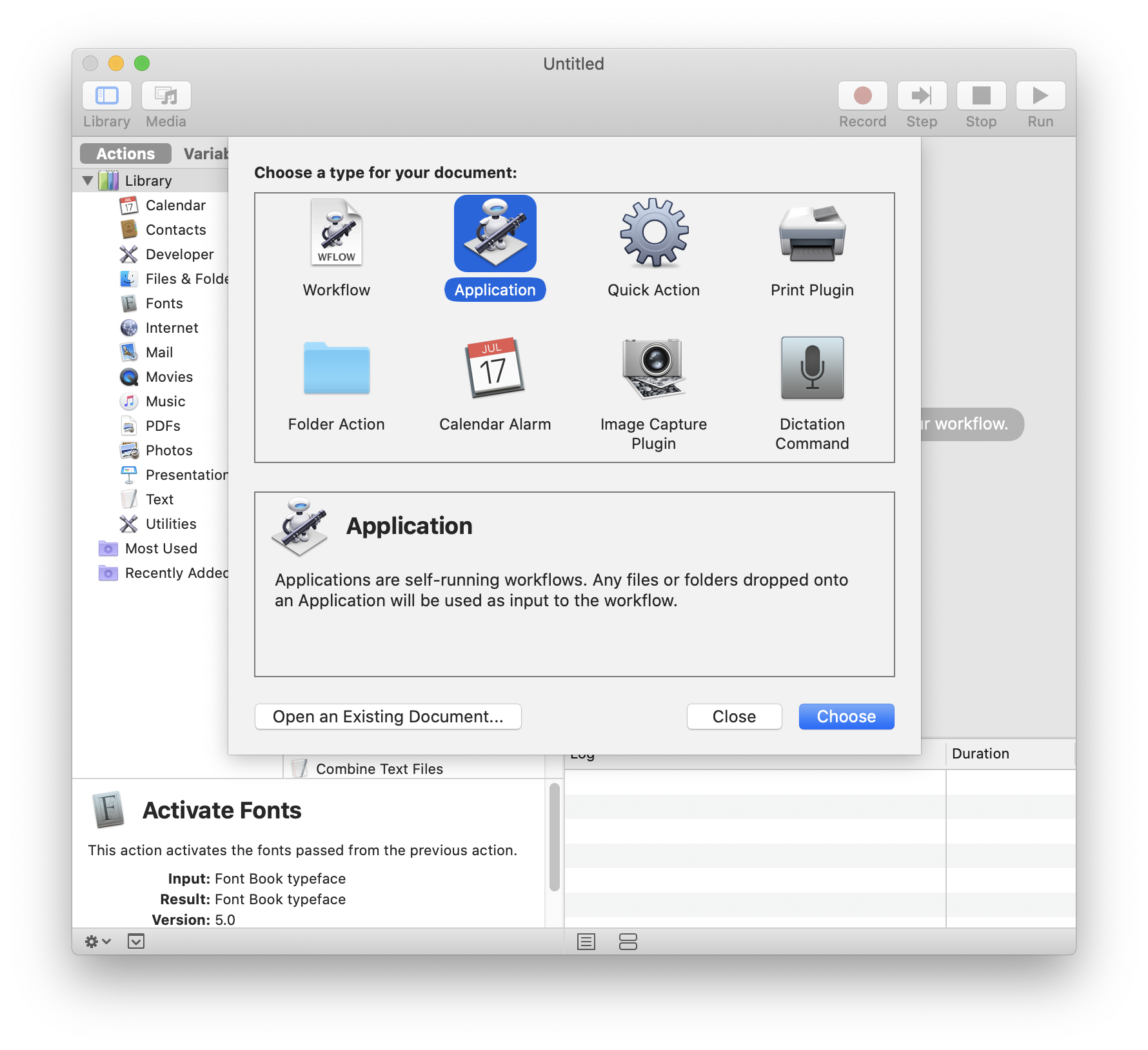 Create a new Automator application.