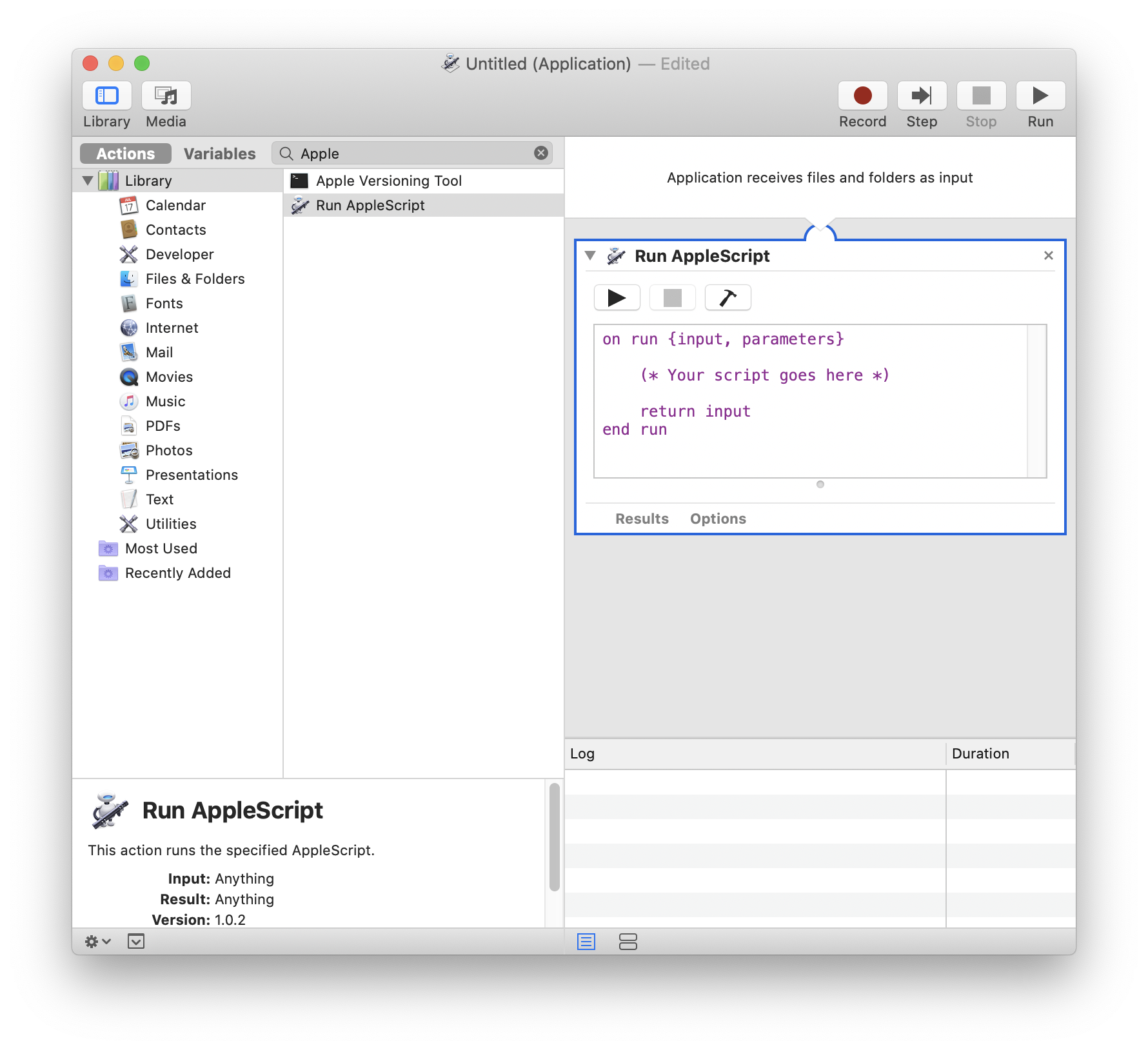 Add AppleScript action to the script